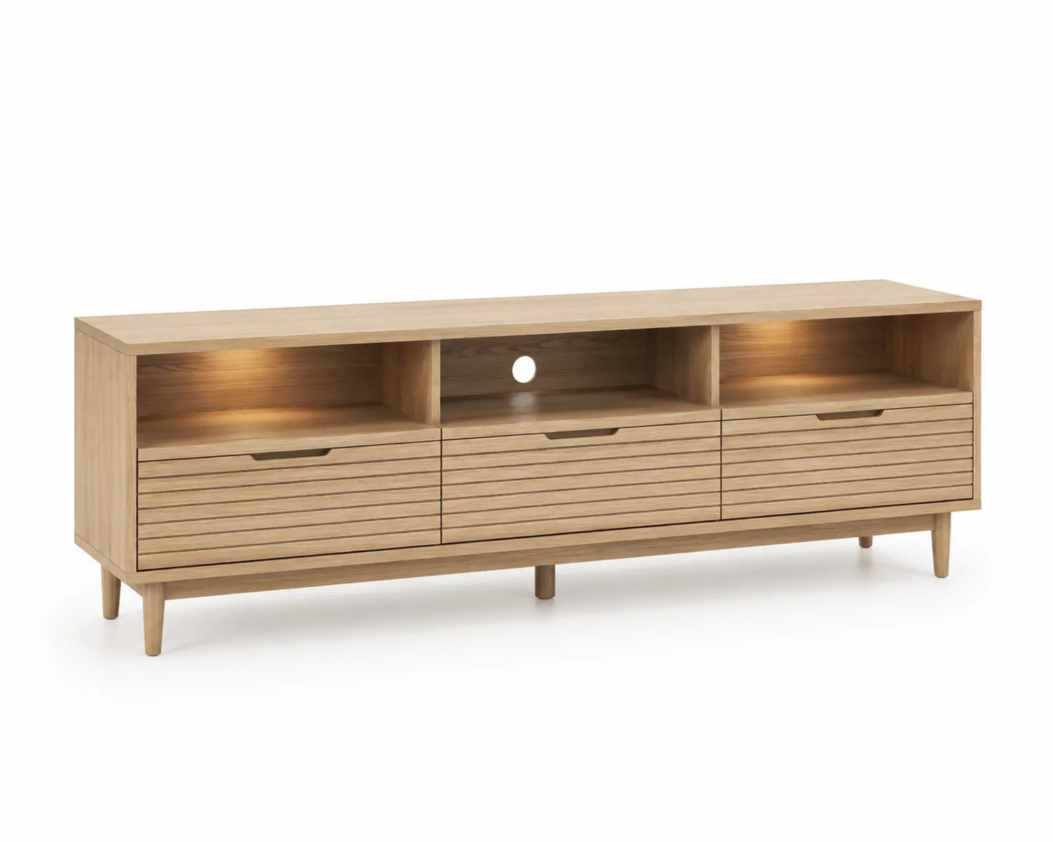 Meuble TV en bois de chêne clair avec 3 tiroirs et 2 niches