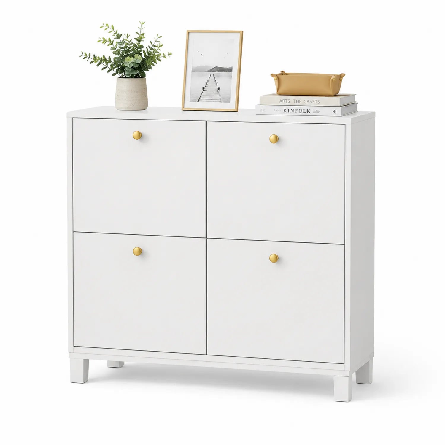 Meuble à chaussures en bois blanc avec boutons dorés 80x30x90cm
