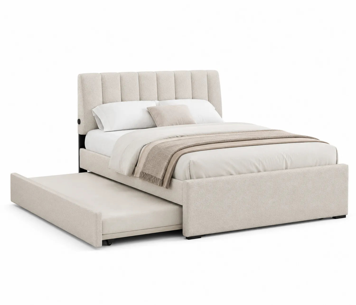 Lit en tissu beige avec lit gigogne intégré