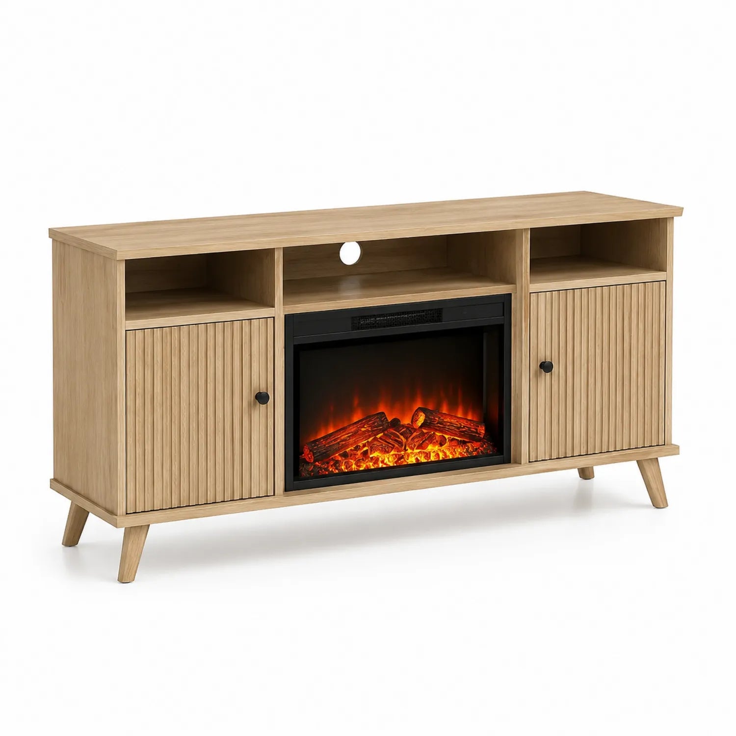 Meuble TV avec cheminée électrique en bois de chêne clair 152x40x71 cm