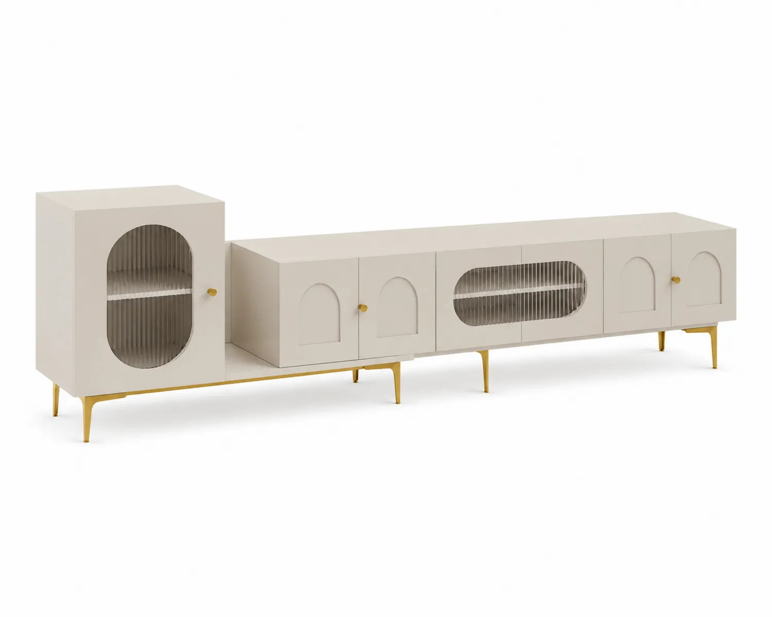 Meuble TV en MDF avec portes en verre et pieds en métal doré 240 cm