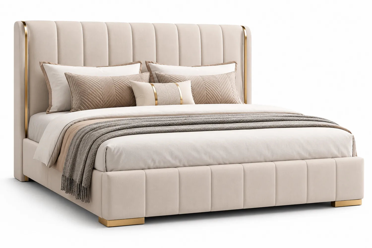 Lit king size en velours beige avec accent en métal doré 200x180 cm