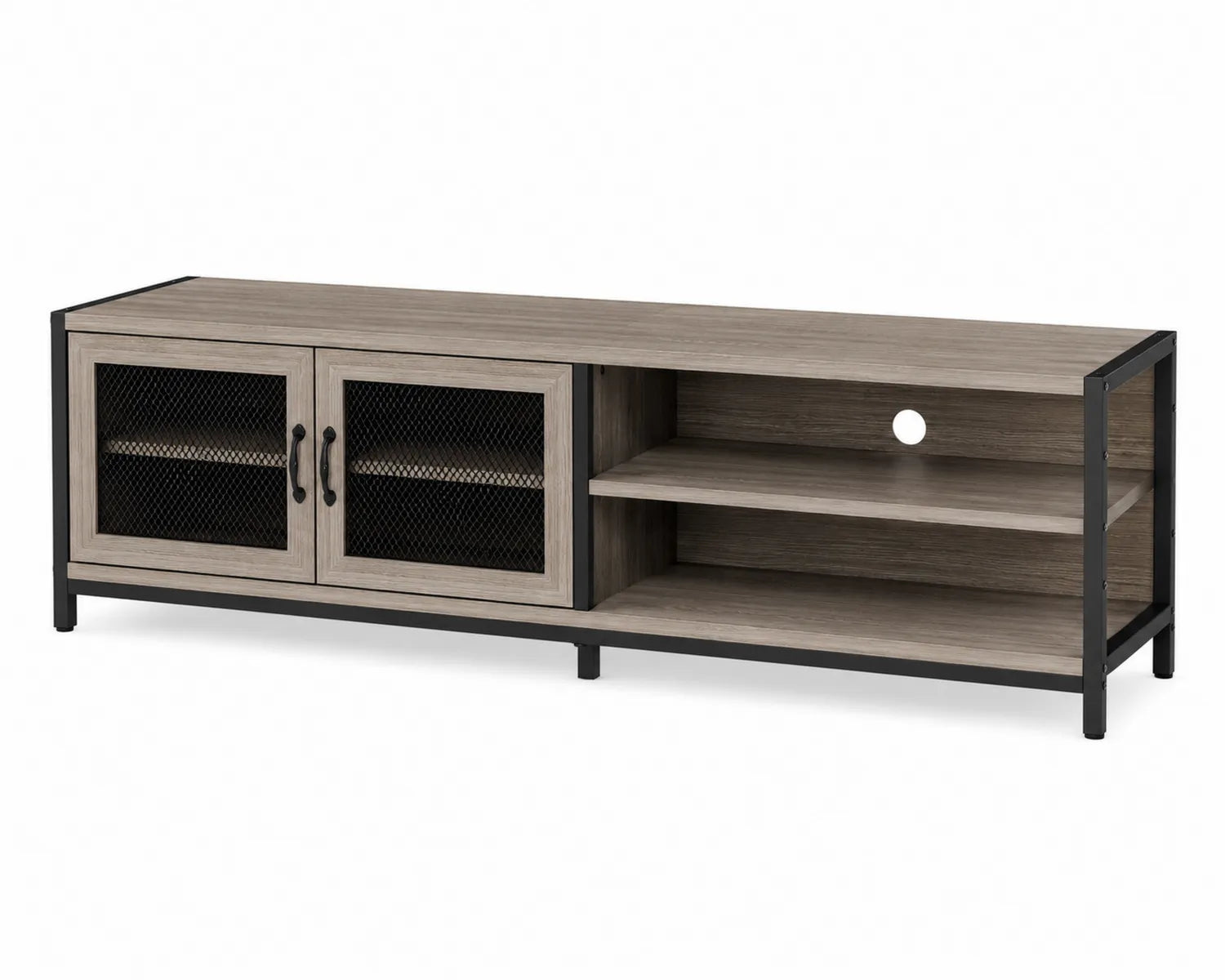 Meuble TV en bois et métal avec étagères et portes grillagées