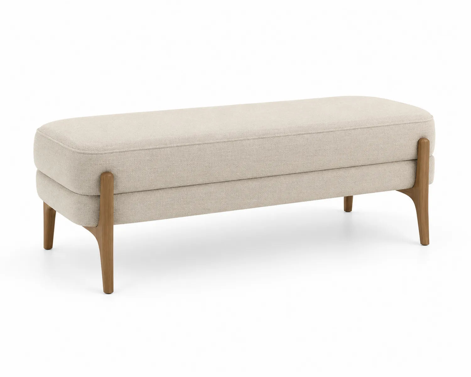 Banc rectangulaire en tissu beige avec pieds en bois 140cm