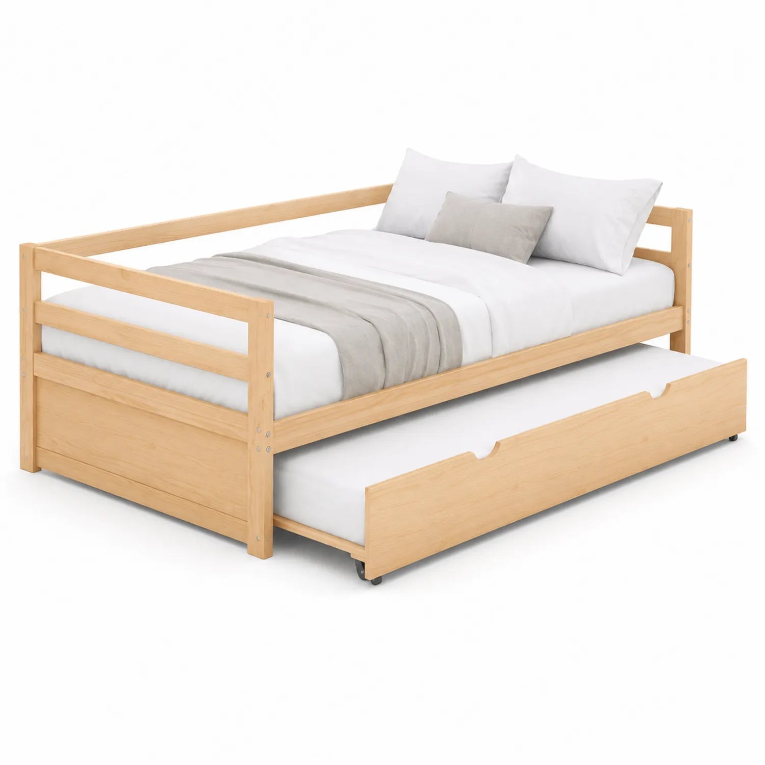 Lit gigogne en bois de pin avec tiroir et matelas 200x90 cm Bois Naturel