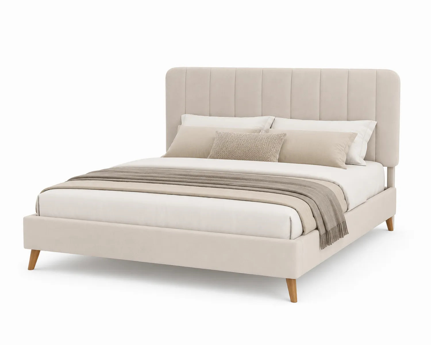 Lit double en tissu beige avec tête de lit rembourrée
