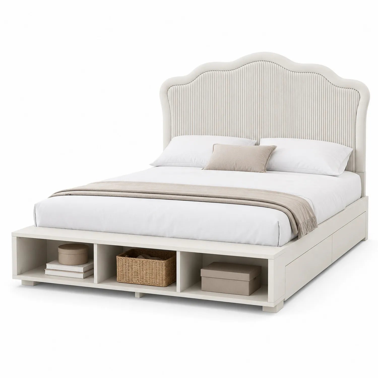 Lit double en bois avec tête de lit rembourrée et rangement intégré Blanc 200x160 cm