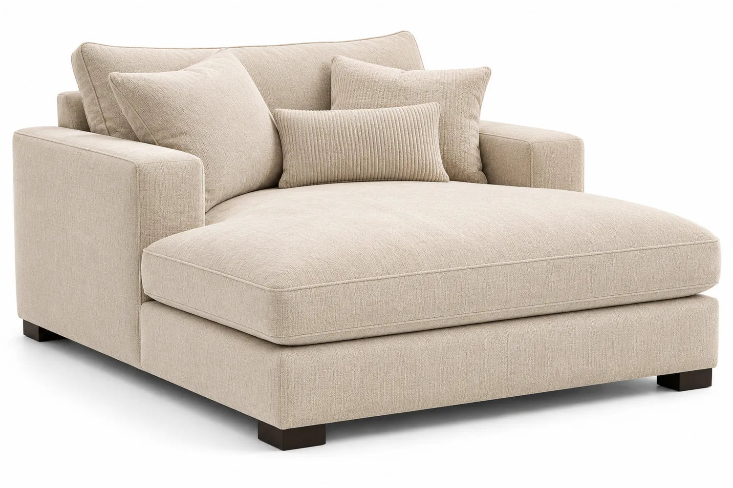 Canapé méridienne en tissu beige avec coussins