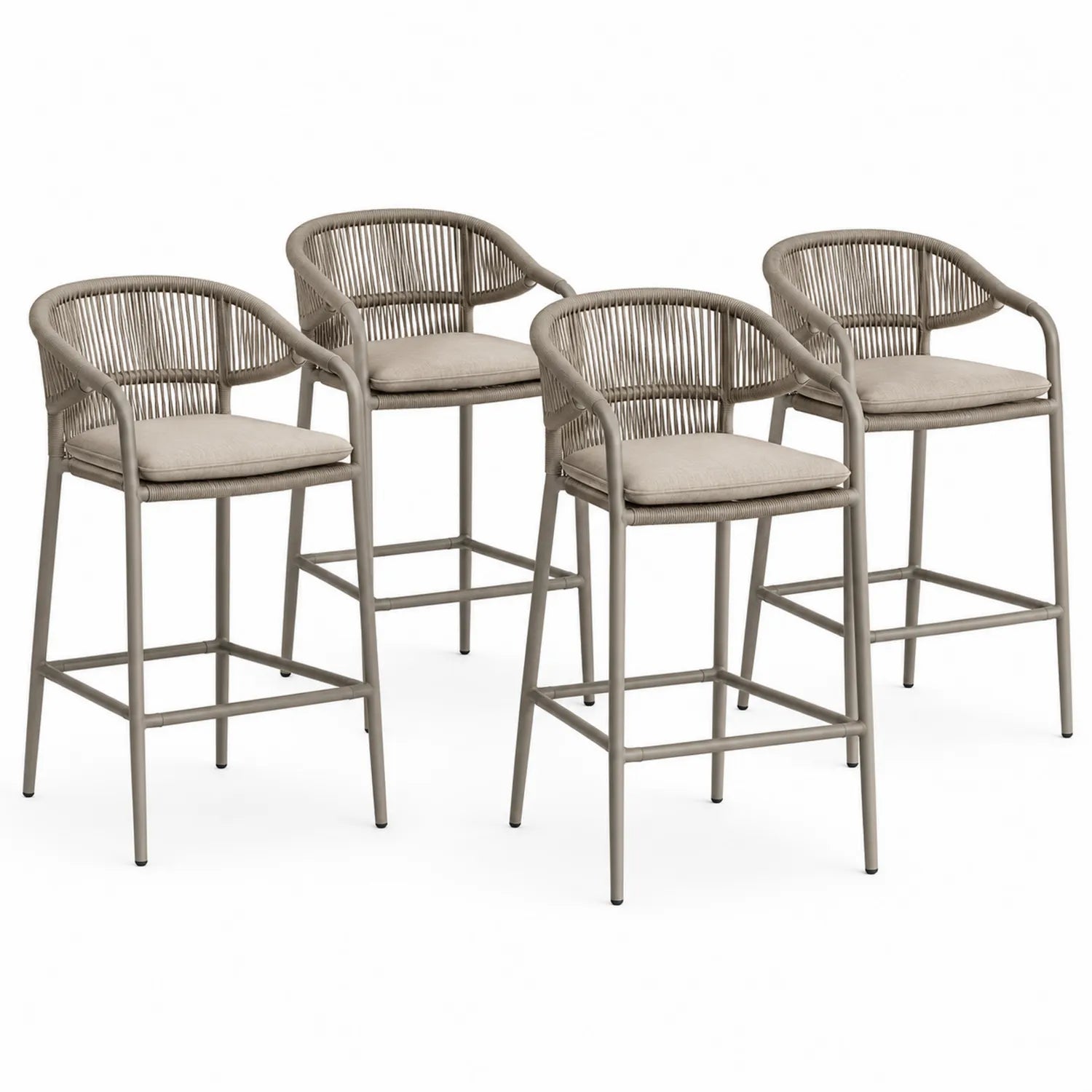 Lot de 4 chaises de bar extérieur en métal et corde avec coussin beige