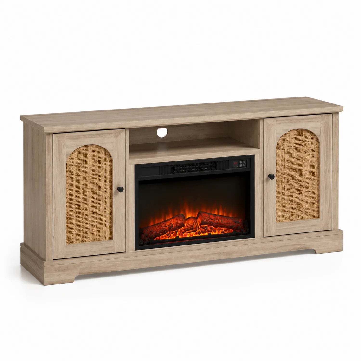 Meuble TV avec cheminée intégrée en bois MDF et rotin 135x40x75cm